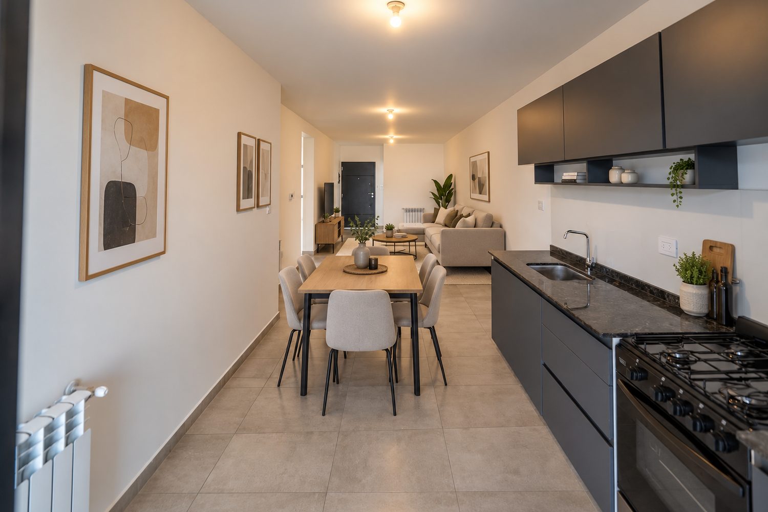Living comedor integrado con la cocina, con ambientación virtual