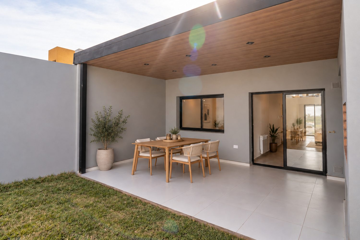 Galería con mesa y sillas, ambientación virtual