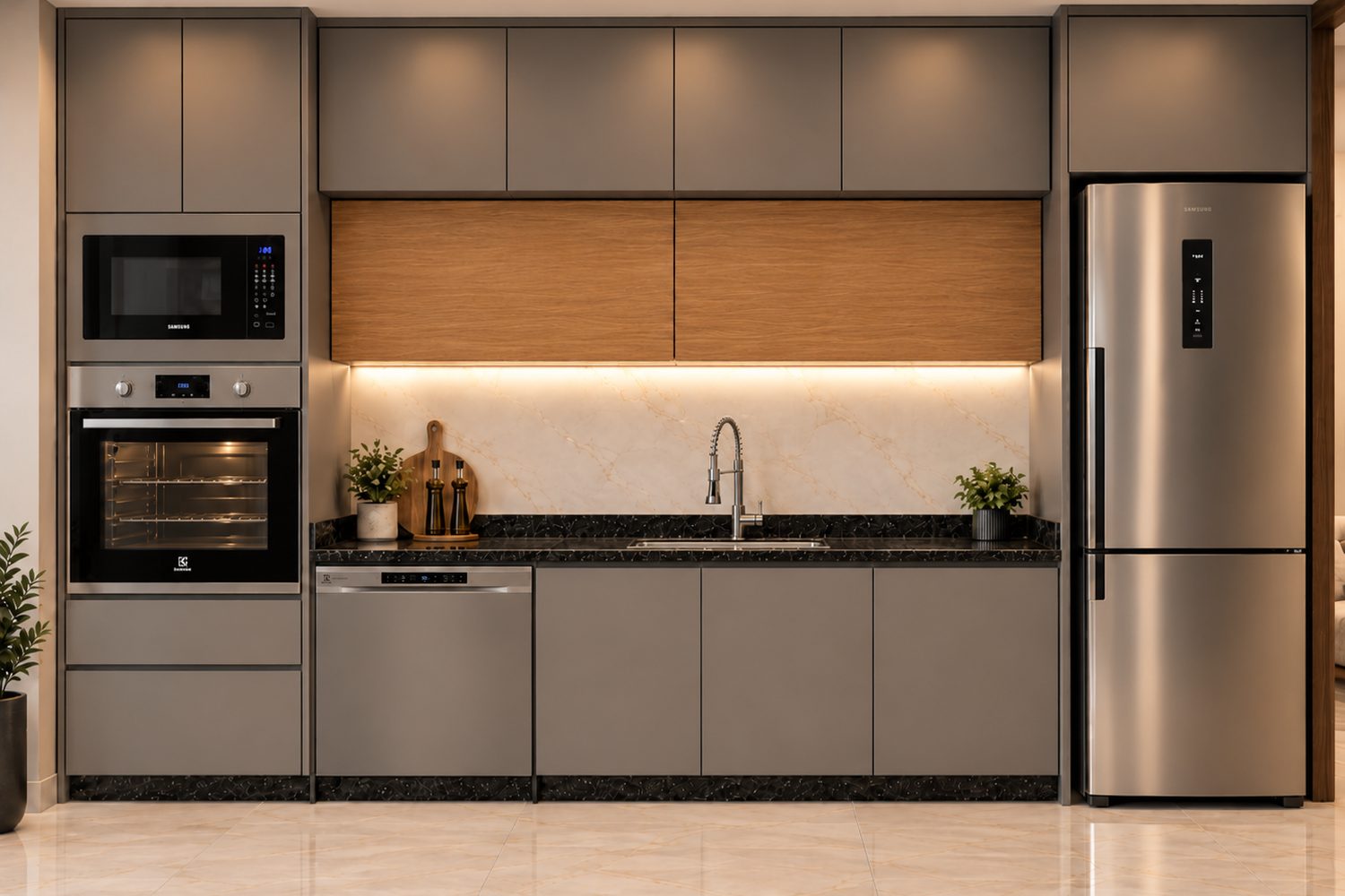 Render de la cocina: muebles grises, alacena símil madera y mesada de granito negro