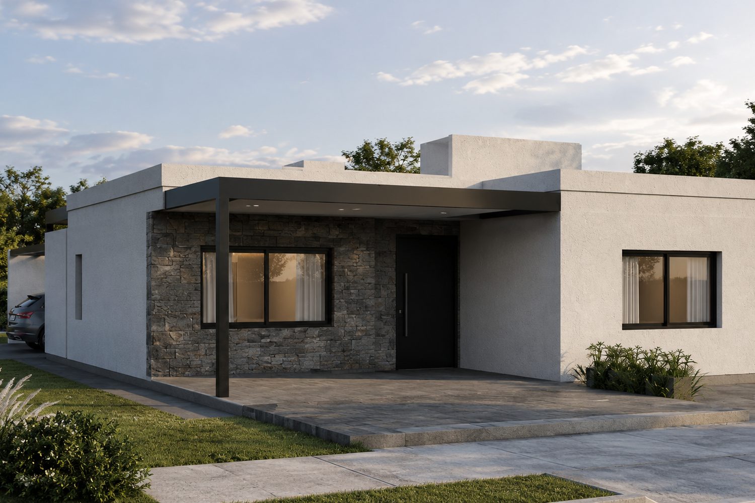 Render de la fachada: vivienda de una planta con revestimiento de piedra y pérgola metálica negra